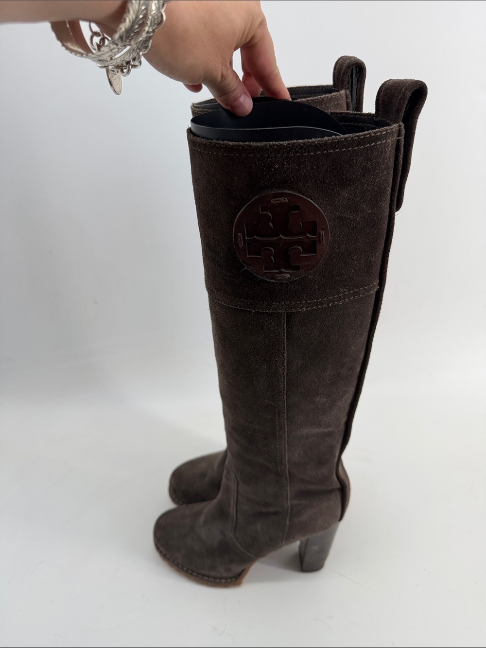 Tory Burch Claudia suede heeled lugged sole knee high boots sz 6.5